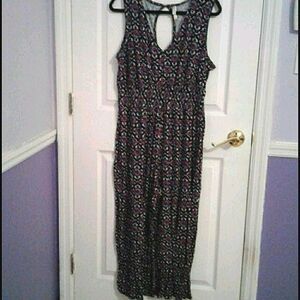 Xhilaration Navy & Red Ditsy Floral Sleeveless Straight Leg Jumpsuit
